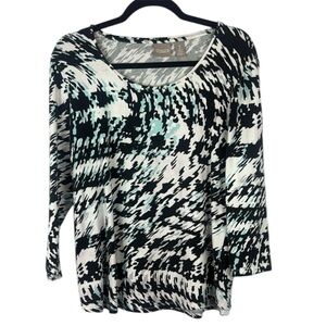 Chico's Cotton Blend Black and White Graphic 3/4 Sleeve Blouse Size 2